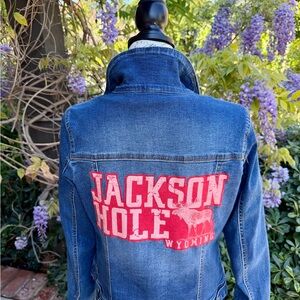 Blue Denim Jacket with Red Jackson Hole Print
